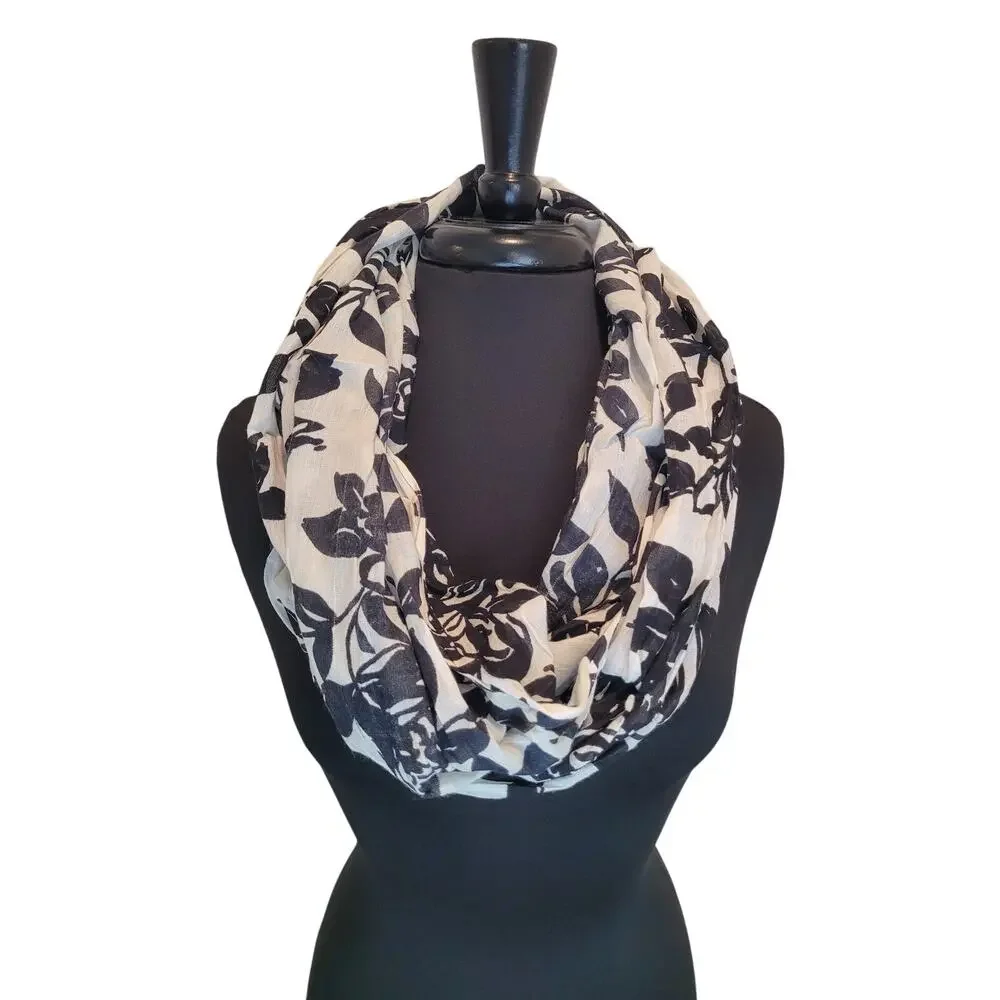 Big Buddha Floral Infinity Scarf Black White Botanical Boho Layering Minimalist